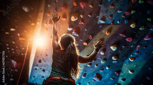 sporty woman in boulder climbing hall