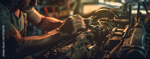 Car repairman working on breaking engine. Generative ai