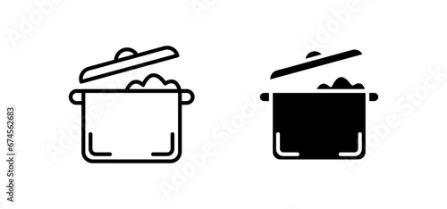 Cooking pot line icon set. Boiling casserole symbol for UI designs. In black color.