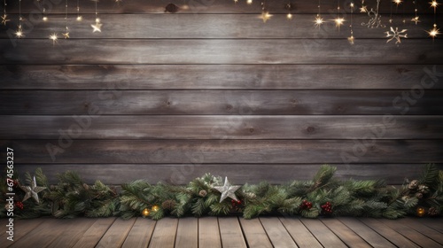 Christmas background with fir branches and cones and rustic wood