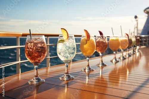 Cocktail wine glasses on cruise ship with a good view of blue sea at beach. Summer tropical vacation concept.