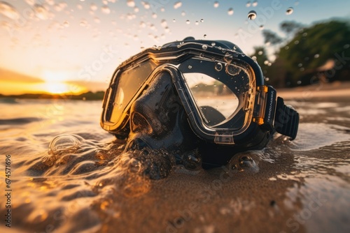 Close-up view of a snorkel mask with sunset sea water at sand beach. Summer tropical vacation concept.