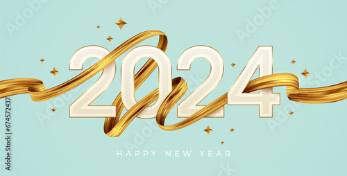 2024 New Year logo with golden paint brushstroke. New Year sign with golden ribbon. Vector illustration.