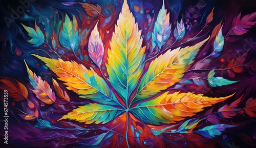 Tło z kolorowym liściem marihuany. 