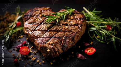 Grilled beef steak in shape of heart for Valentines day on a black background top view with copy space