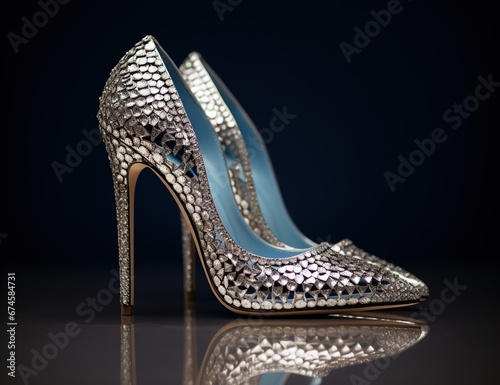A pair of sparkling silver high-heeled shoes with reflection on a dark background.
