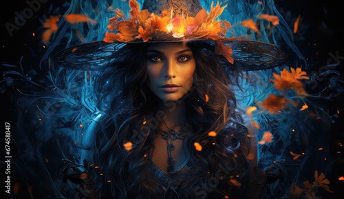 Piękna czarownica w kapeluszu z kwiatami. 