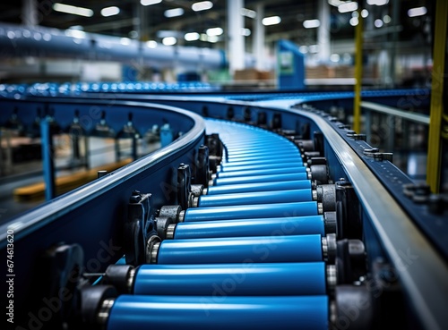 Empty roller conveyor line in production workshop, part of industrial equipment, concept of packaging and delivery Generative AI