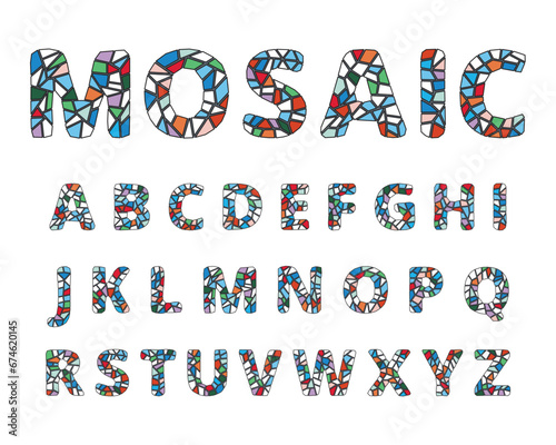 Mosaic colourful alphabet set isolated on white background. Cartoon flat style. Vector illustration 