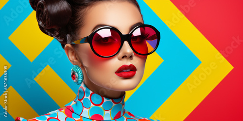 Cool Fashionable Women. DJ girl in neon colorful trendy jacket and vintage retro sunglasses, style of 80s, 90s vibes, pop art, op art, disco party. Iconic fashion model on yellow color background.