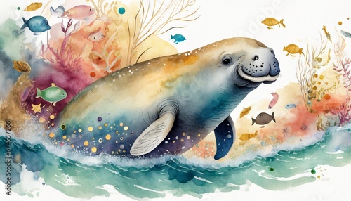 Multicolor earth tone watercolor style dugong swimming.