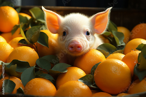 Pig in juicy ripe oranges. Concept