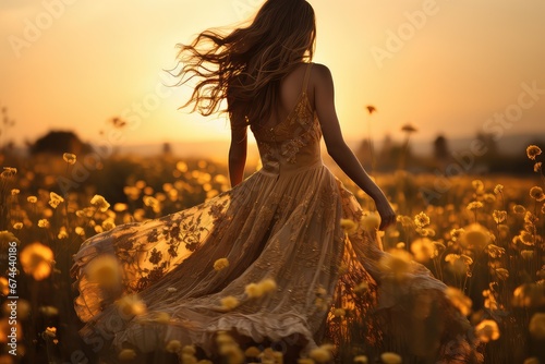 Piękna dziewczyna w zwiewnej sukience na polanie pełnej żółtych kwiatów 