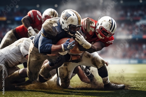 Football players colliding within an American football stadium