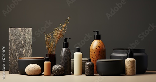 A set of natural cosmetics for face and body made of dark glass with serum and a jar of cream in a cozy lifestyle atmosphere. Natural eco-trend.