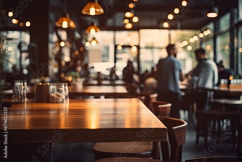 Blurred background. Retro cafe bar in modern decor. Bokeh ambiance. Abstract urban dining lifestyle at night. Vintage wooden counter. Bar design