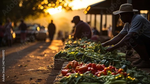 Sunset market scene with a vendor arranging fresh vegetables