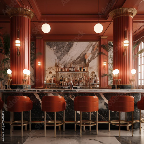 opulente detailreiche Bar Restaurant im artdeco Stil mit Barhockern und Marmorwand