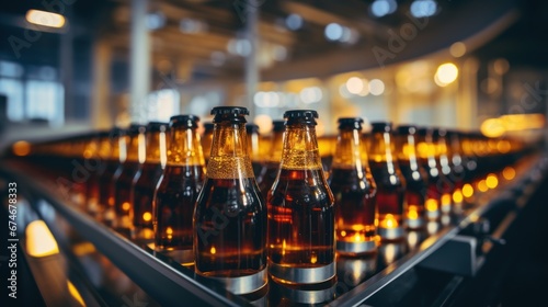 Brown plastic bottles with beer moving on a conveyor belt Production line of modern food industry brewery