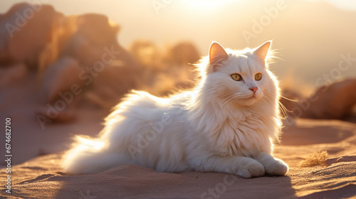 Beautiful white cat on desert background. Generative AI