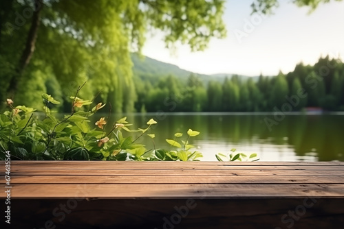 wooden table on the background of a forest lake, background for presentation