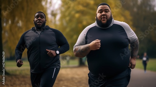 Overweight man friends doing sports together running in park with yellow foliage on trees losing weight. Active lifestyle and desire to lose excess weight. Support from friend.