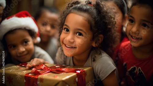 Niña latina abriendo regalos navideños con una gran sonrisa 