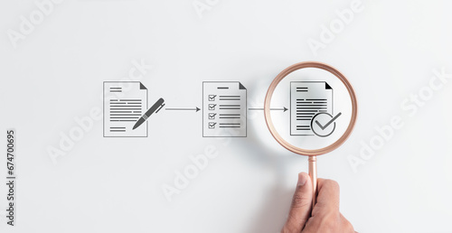 Magnifying glass focus to Approve document icon on white background for business process workflow illustrating management approval and and project approve concept.