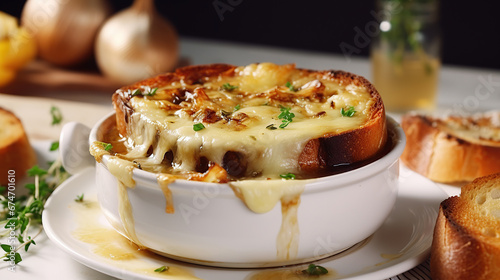 French onion soup in a white bowl with bread and melted cheese on top.
