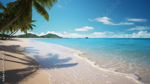 Panoramic view of Seychelles beach with palm trees