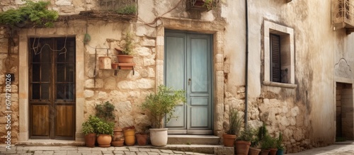 In Italy the old stone house with its vintage windows and door showcases a beautiful blend of retro design and architectural charm standing tall on a picturesque street capturing the essence