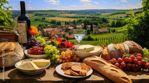 .journey on a gastronomic tour on the table of farm products cheese, wine, bread, grapes with a view of the village and valley .Generative AI