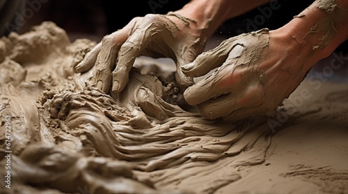 Close-up of a sculptora??s hands working on a clay sculpture, capturing the shaping and wet texture.