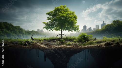 lone tree with roots in a section underground, fog, city in the background.Generative AI