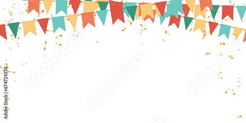 Flag garlands and falling confetti retro isolated ornament background for birthday, party, festival