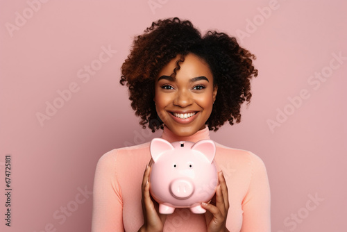 Happy African American woman holding piggy bank, looking at camera.