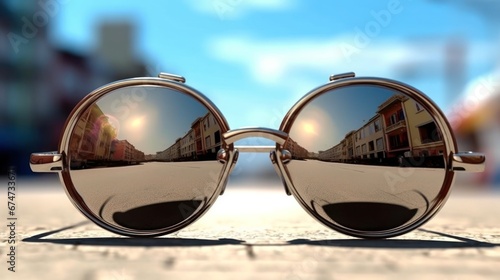 photo of sunglasses against the backdrop of a city street on a sunny day .travel concept