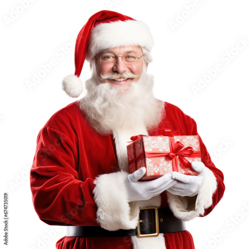 père Noël souriant qui tient un paquet cadeau entre ses mains contre lui - fond transparent - illustration