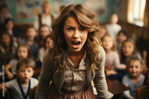 Angry female teacher yells for children