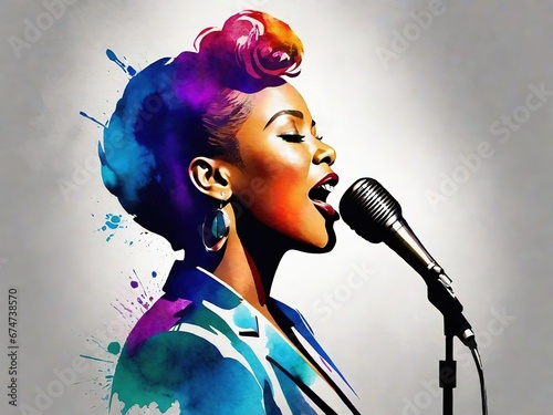 Mujer cantante de jazz con colores de acuarela 