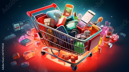 3d illustration of shopping cart full of electronic commerce on dark background