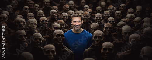 Smiling man standing in between zombies, thinking different from the crowd of brain washed people