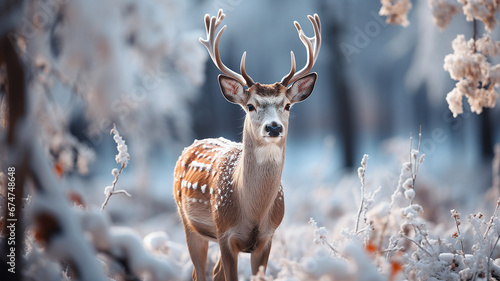 White-tailed deer in winter forest. Beautiful animal in nature.