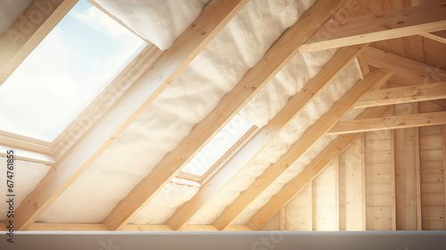 Thermal Safe Attic. Creative concept for insulating the roof of a wooden country house. Protecting Home with Insulation and Eco Friendly Materials. 