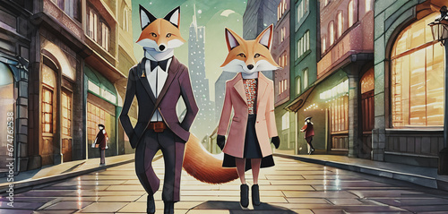 illustrazione di un gatto e una volpe elegantemente vestiti che passeggiano per una via cittadina