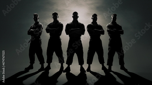 5 shadows silhouettes of jiu jitsu fighters in black ready to fight arms crossed with plain background