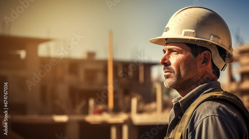A building contractor with a doubtful, thoughtful face, with a building site in the background