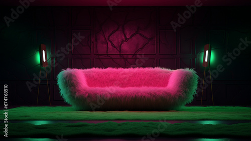 Minimal interior with pink fur sofa and green wall with glowing neon light. Modern style. Generative AI