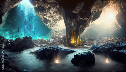Mysterious cave with crystals and lights, gamer backdrop, background