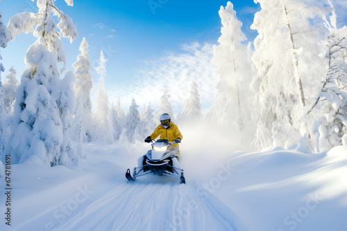 A man on a snowmobile in the mountains, riding on a snow-covered path among the trees